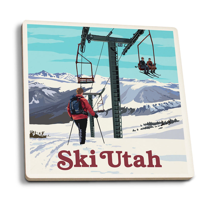 Coasters (Ski Utah, Ski Lift Day Scene, Lantern Press Artwork) Lifestyle-Coaster Lantern Press 