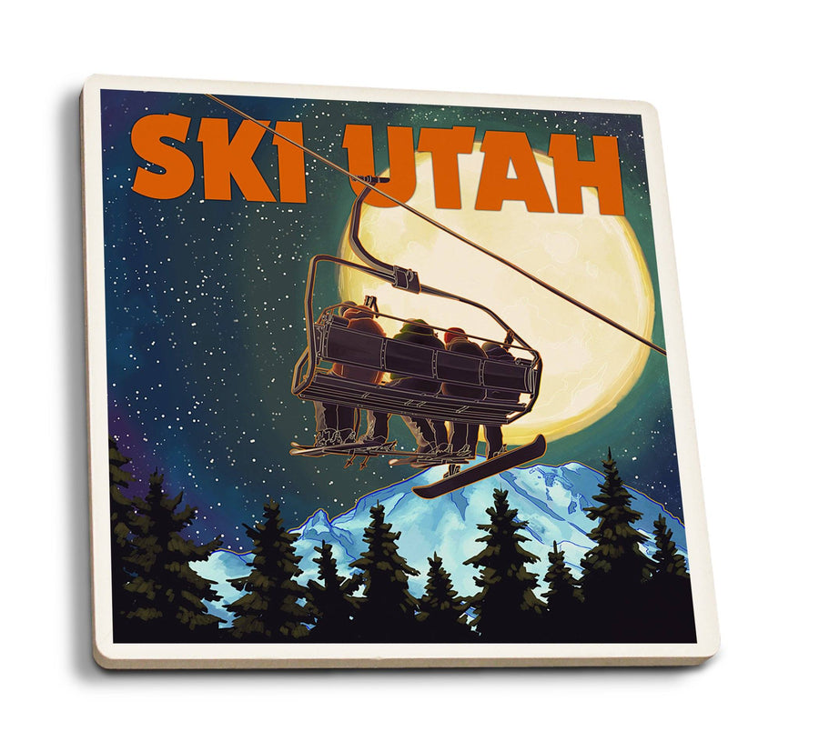 Coasters (Ski Utah, Ski Lift & Full Moon, Lantern Press Artwork) Lifestyle-Coaster Lantern Press 