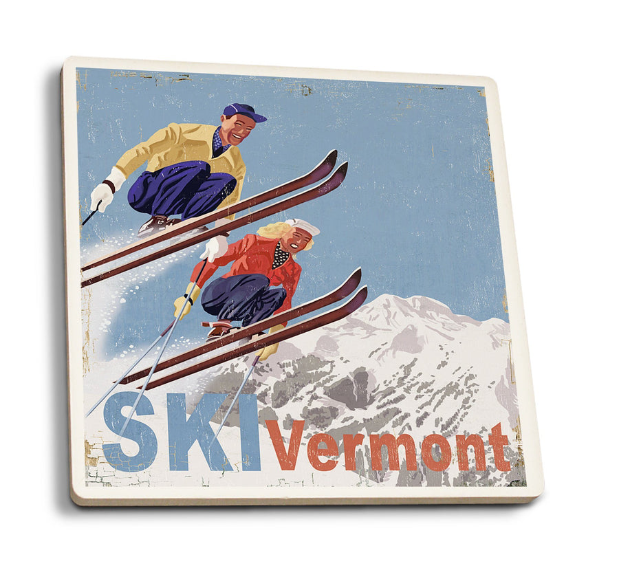 Coasters (Ski Vermont, Vintage Skiers, Lantern Press Artwork) Lifestyle-Coaster Lantern Press 