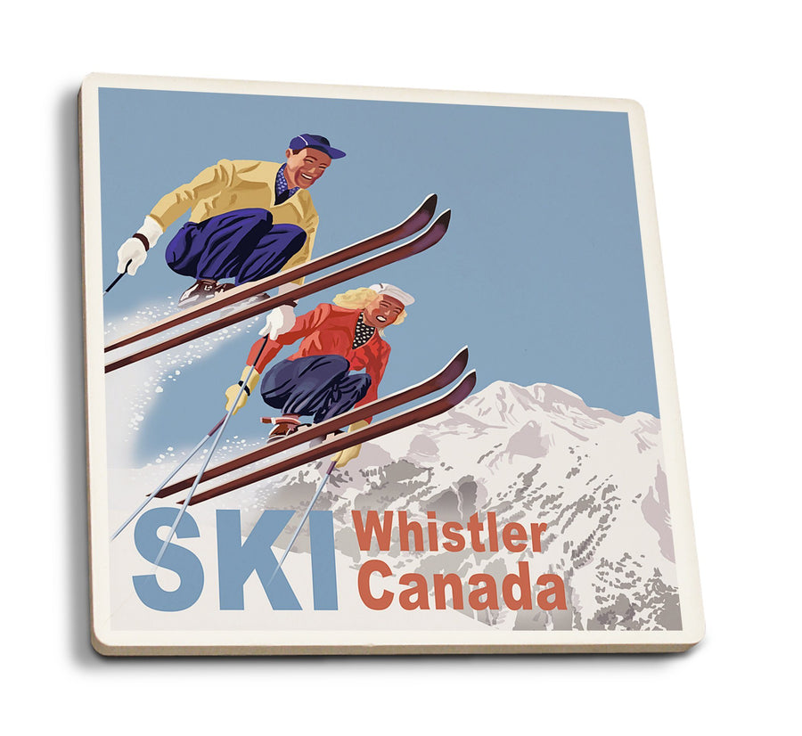 Coasters (Ski Whistler, Canada, Vintage Skiers, Lantern Press Artwork) Lifestyle-Coaster Lantern Press 