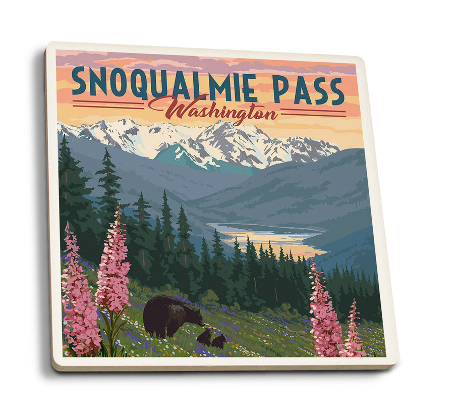 Coasters (Snoqualmie Pass, Washington, Bear & Spring Flowers, Lantern Press Artwork) Lifestyle-Coaster Lantern Press 