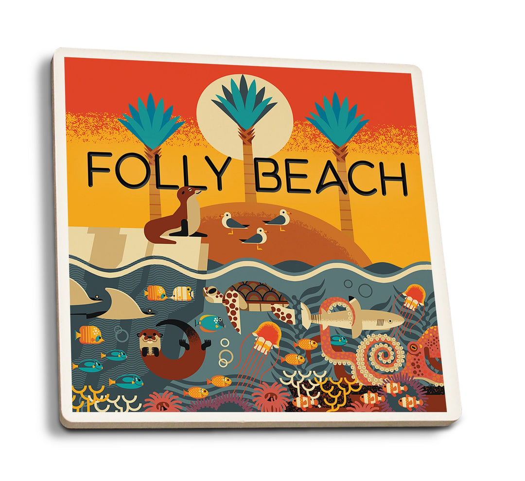 Coasters (South Carolina, Folly Beach, Textured Geometric, Lantern Press Artwork) Lifestyle-Coaster Lantern Press 