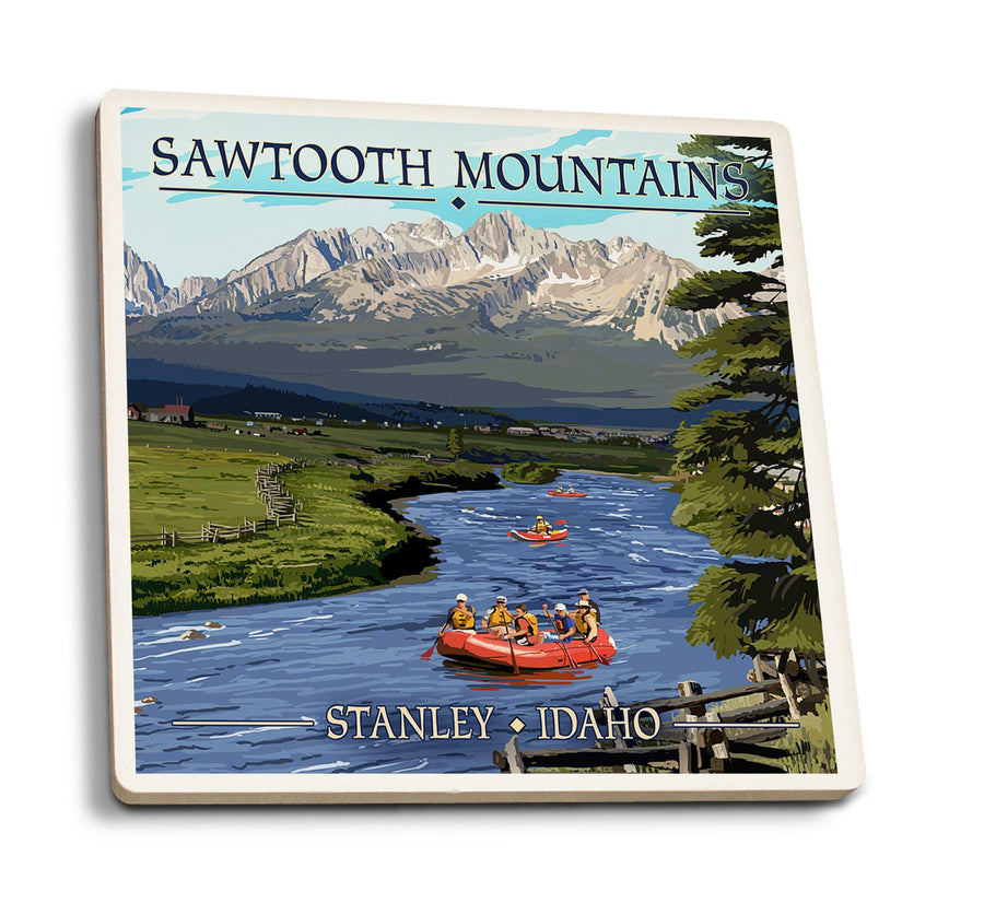 Coasters (Stanley, Idaho, Sawtooth Mountains, Rafting, Lantern Press Artwork) Lifestyle-Coaster Lantern Press 