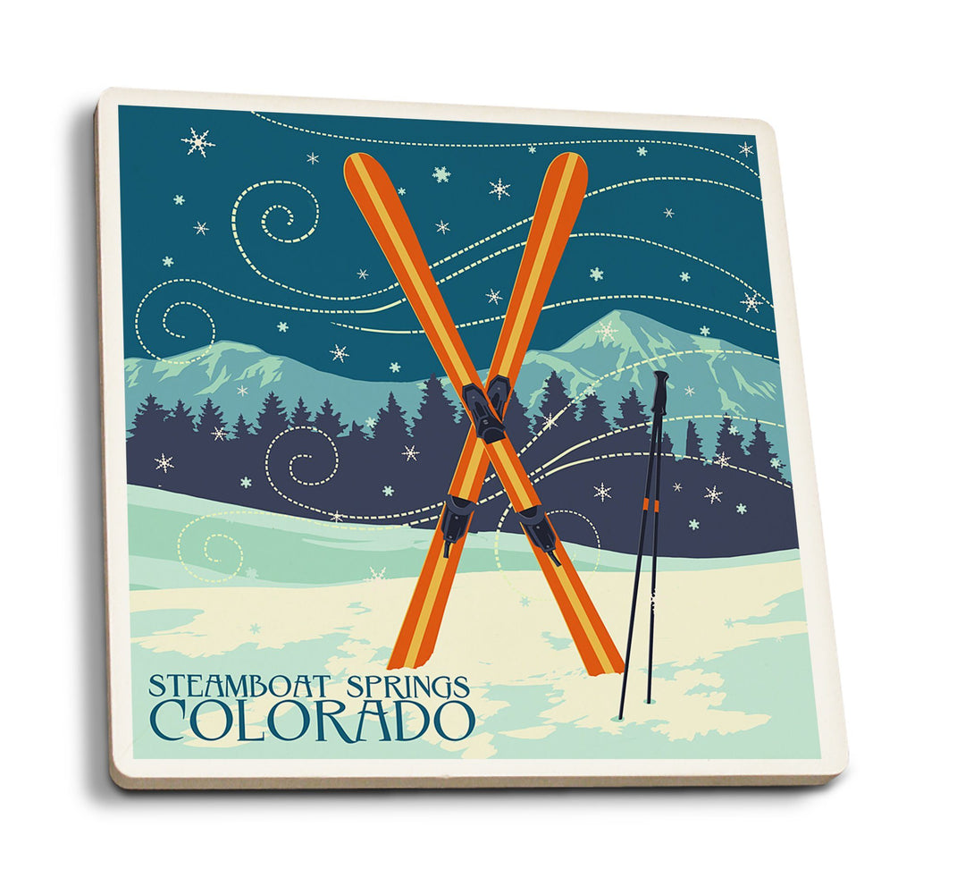 Coasters (Steamboat Springs, Colorado, Crossed Skis, Letterpress, Lantern Press Artwork) Lifestyle-Coaster Lantern Press 