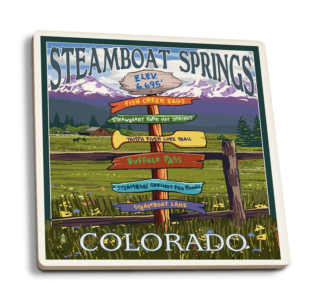 Coasters (Steamboat Springs, Colorado, Destinations Sign, Lantern Press Artwork) Lifestyle-Coaster Lantern Press 