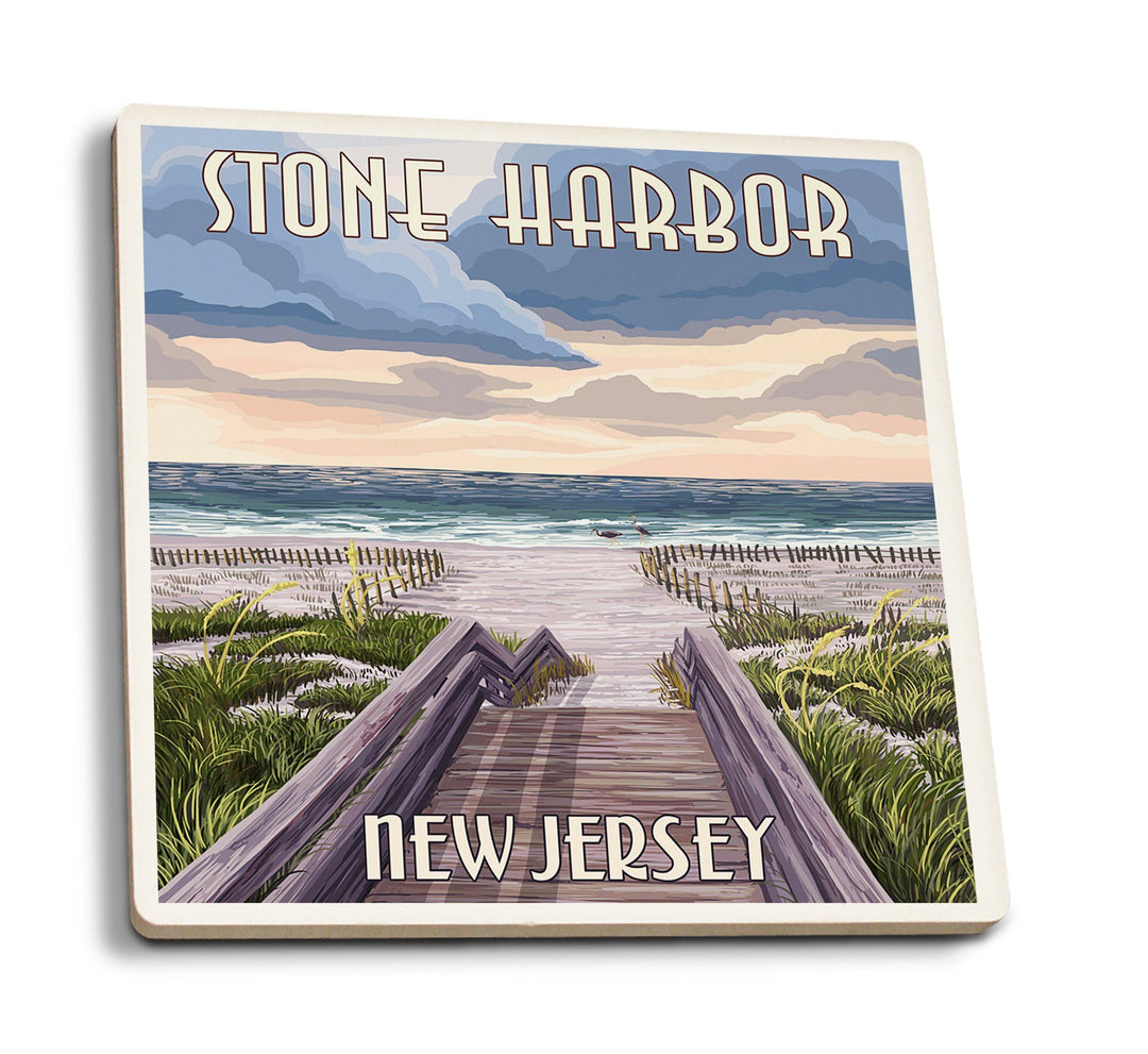 Coasters (Stone Harbor, New Jersey, Beach Boardwalk Scene, Lantern Press Artwork) Lifestyle-Coaster Lantern Press 