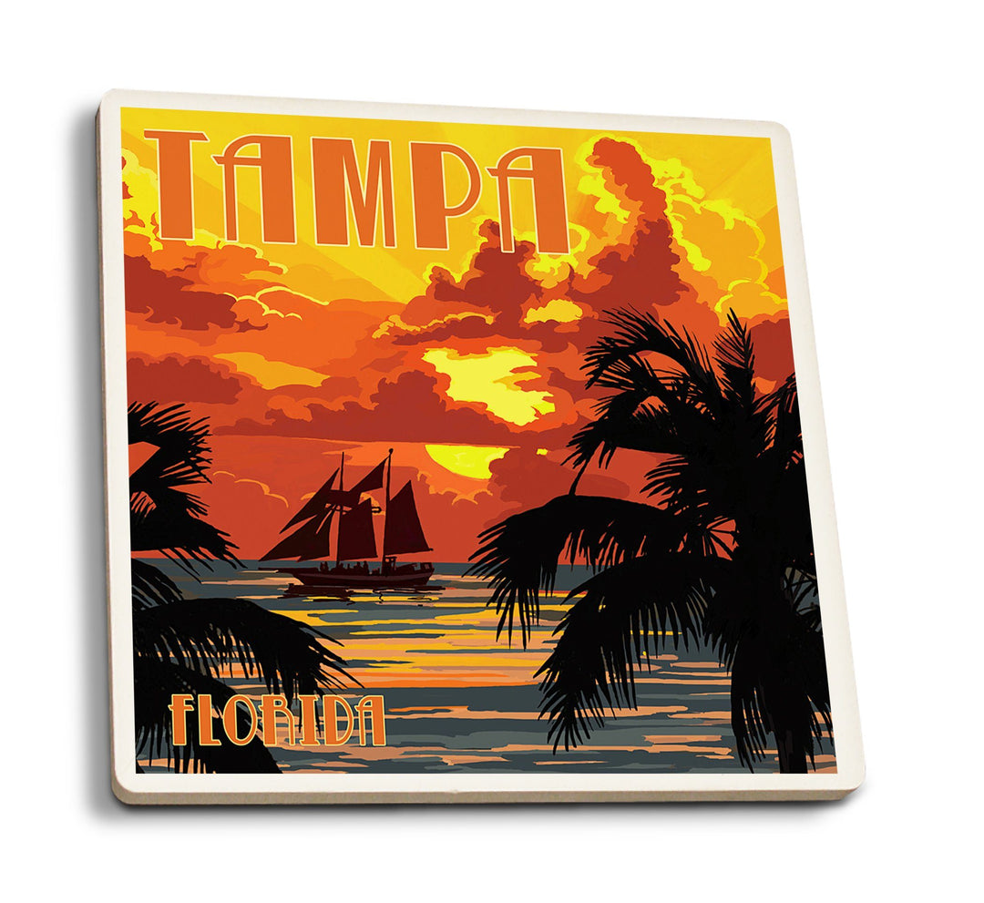 Coasters (Tampa, Florida, Sunset & Ship, Lantern Press Artwork) Lifestyle-Coaster Lantern Press 