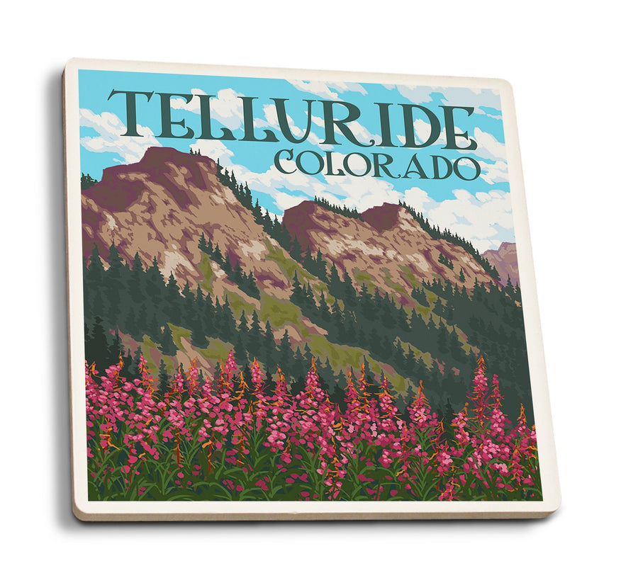 Coasters (Telluride, Colorado, Fireweed & Mountains, Lantern Press Artwork) Lifestyle-Coaster Lantern Press 