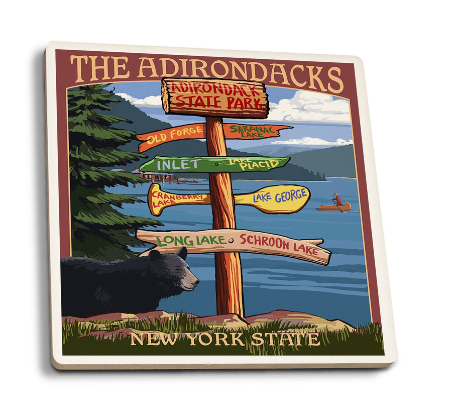 Coasters (The Adirondacks, New York State, Destinations Sign, Lantern Press Artwork) Lifestyle-Coaster Lantern Press 