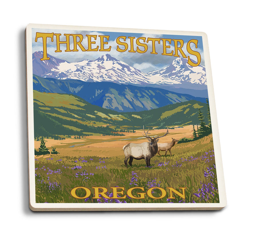 Coasters (Three Sisters, Oregon, Elk and Flowers, Lantern Press Artwork) Lifestyle-Coaster Lantern Press 