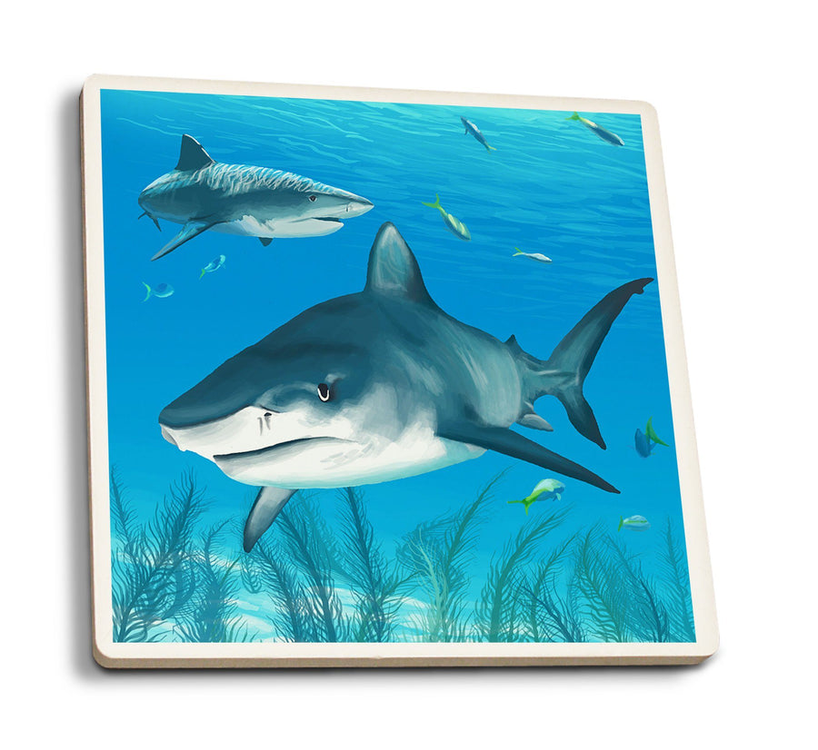 Coasters (Tiger Shark, Lantern Press Artwork) Lifestyle-Coaster Lantern Press 