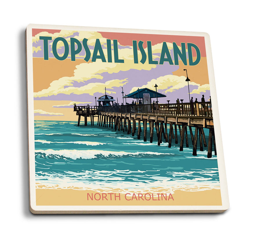 Coasters (Topsail Island, North Carolina, Pier and Sunset, Lantern Press Artwork) Lifestyle-Coaster Lantern Press 