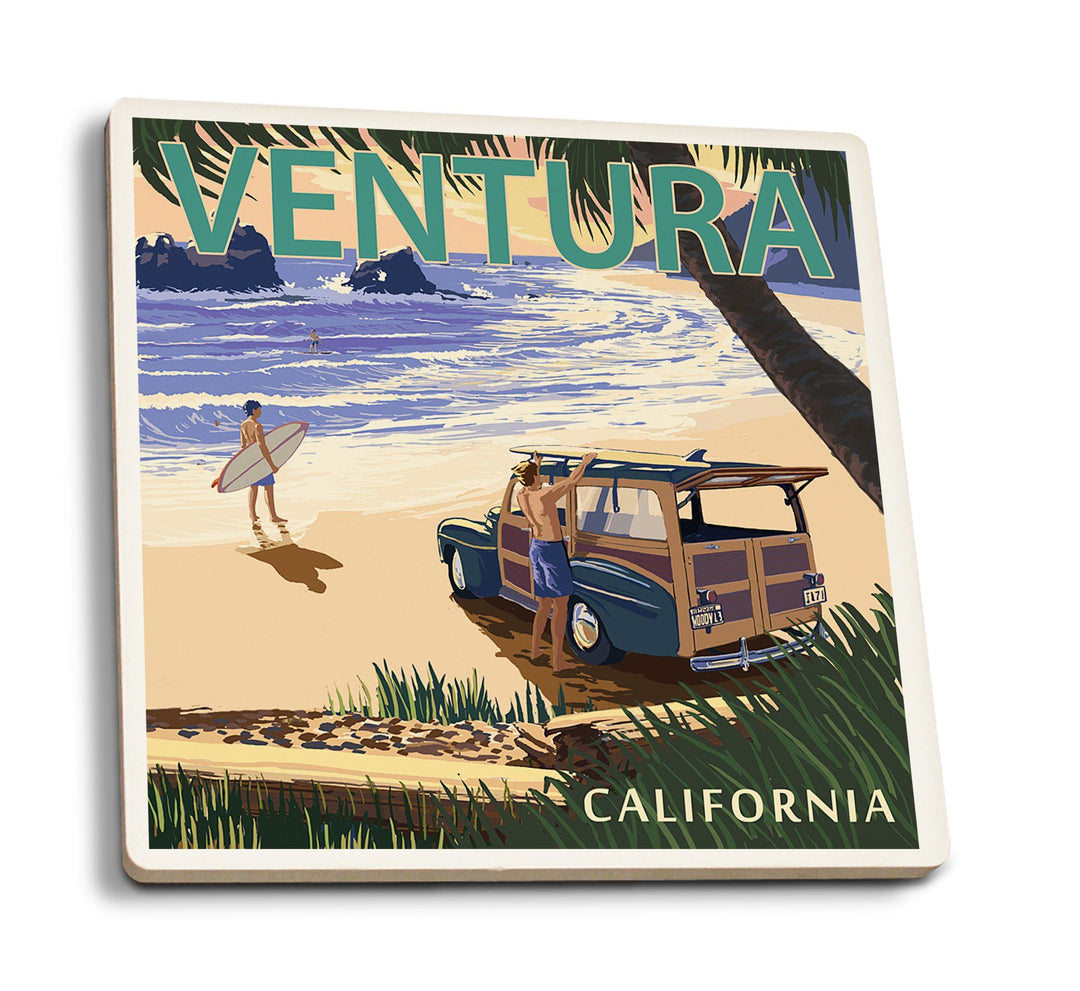Coasters (Ventura, California, Woody On The Beach, Lantern Press Artwork) Lifestyle-Coaster Lantern Press 