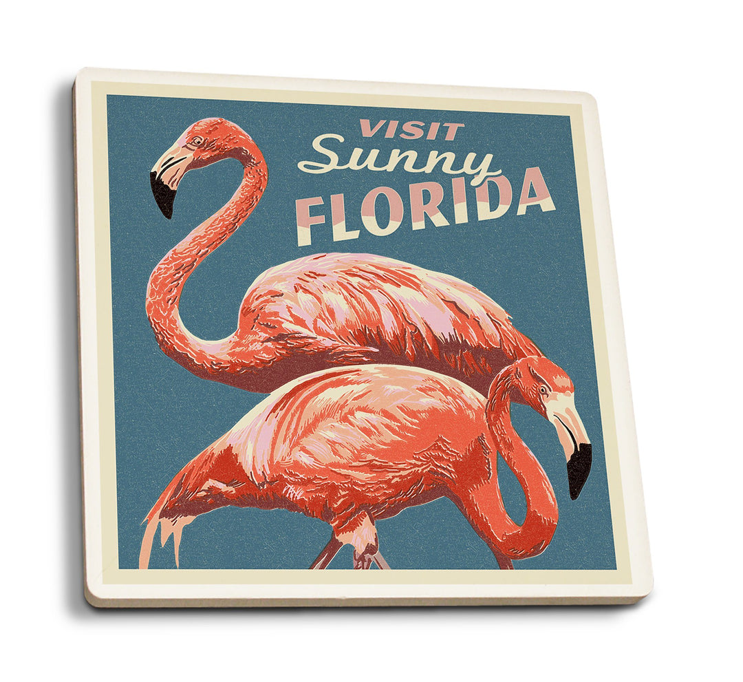 Coasters (Visit Sunny Florida, Flamingo, Letterpress, Lantern Press Artwork) Lifestyle-Coaster Lantern Press 
