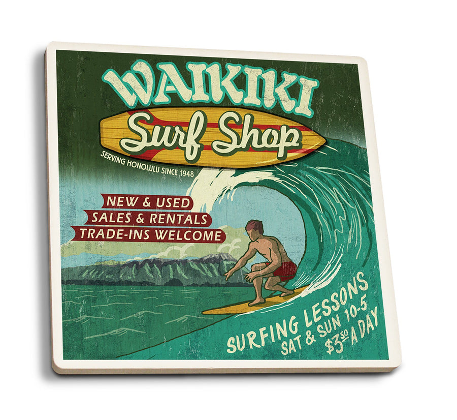 Coasters (Waikiki Beach, Hawaii, Surf Shop Vintage Sign, Lantern Press Artwork) Lifestyle-Coaster Lantern Press 