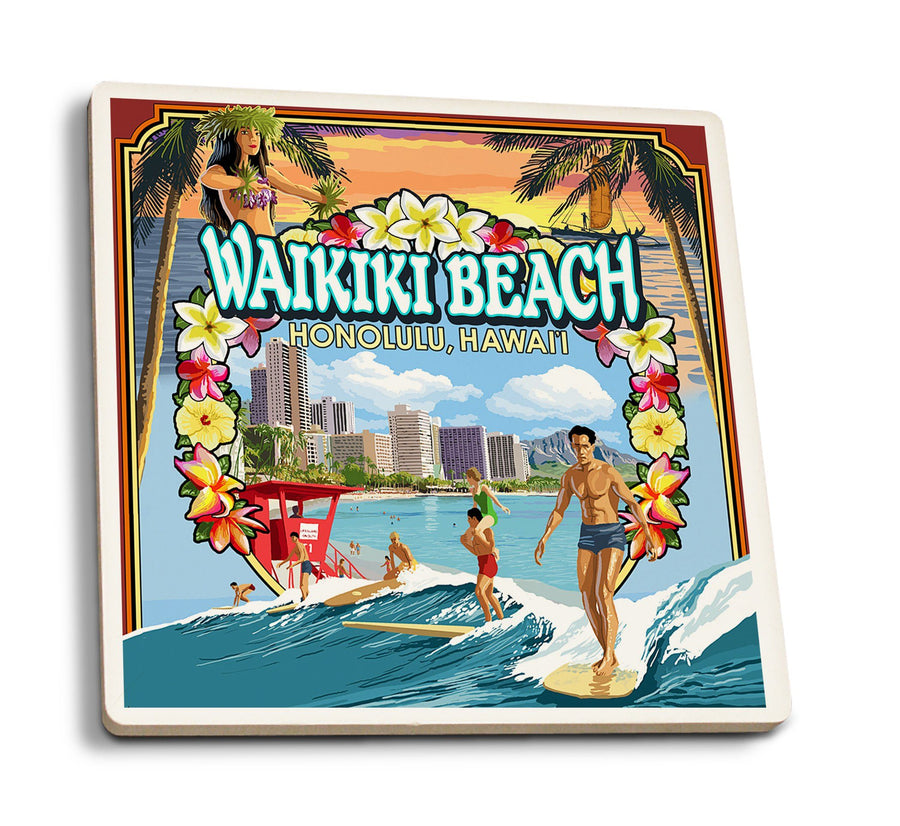 Coasters (Waikiki Beach, Oahu, Hawaii, Scenes, Lantern Press Artwork) Lifestyle-Coaster Lantern Press 