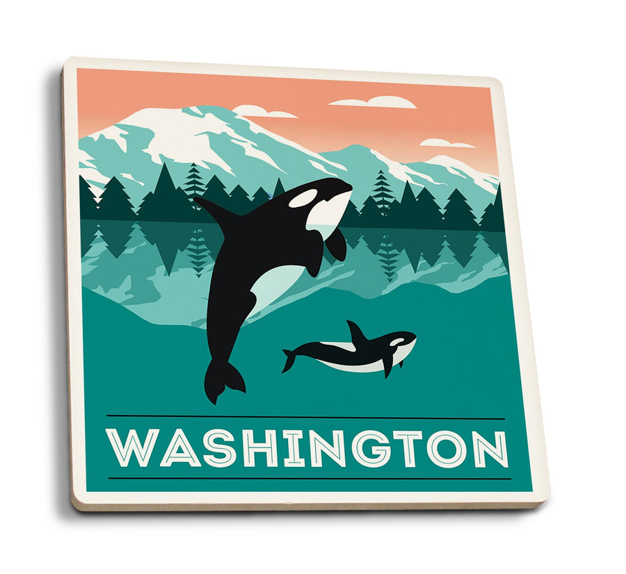 Coasters (Washington, Orca Whale & Calf, Go Freestyle, Lantern Press Artwork) Lifestyle-Coaster Lantern Press 