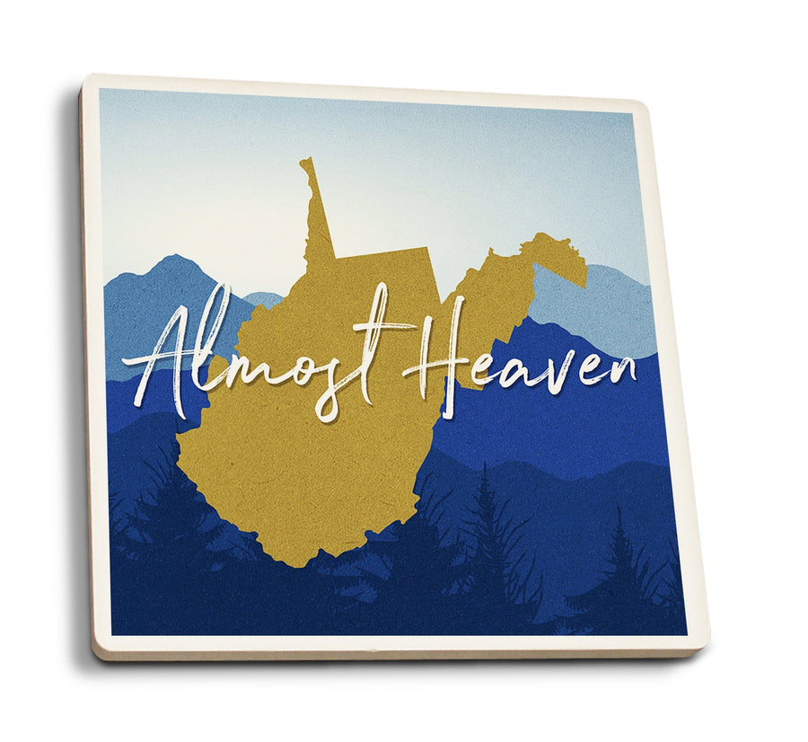 Coasters (West Virginia, Almost Heaven, State Silhouette & Mountains, Blue & Gold, Lantern Press Artwork) Coasters Lantern Press 