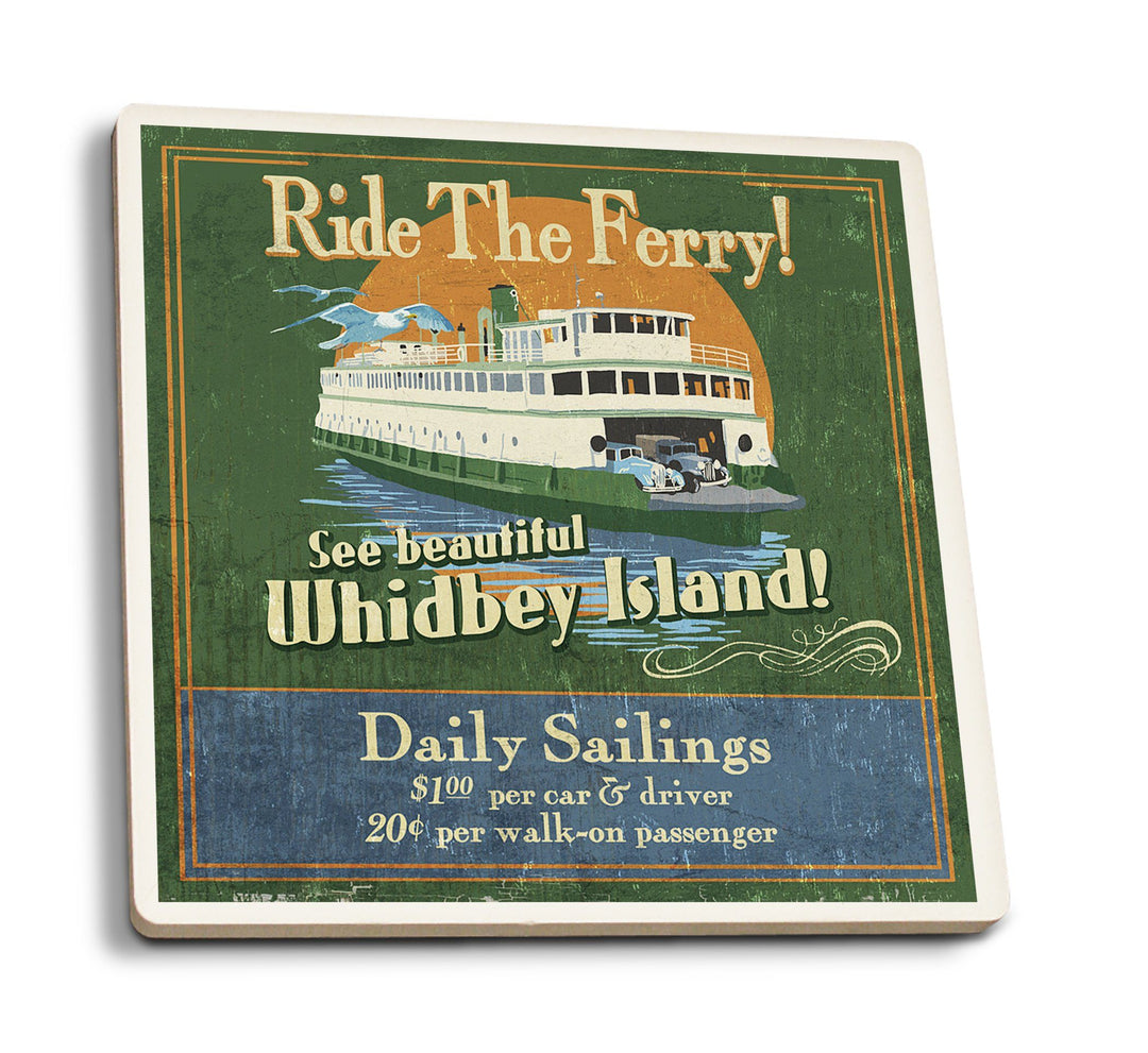 Coasters (Whidbey Island, Washington, Ferry Vintage Sign, Lantern Press Artwork) Lifestyle-Coaster Lantern Press 