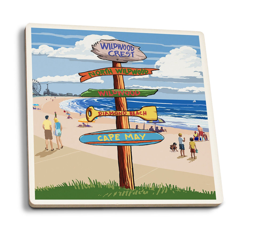 Coasters (Wildwood Crest, New Jersey, Destinations Sign, Lantern Press Artwork) Lifestyle-Coaster Lantern Press 