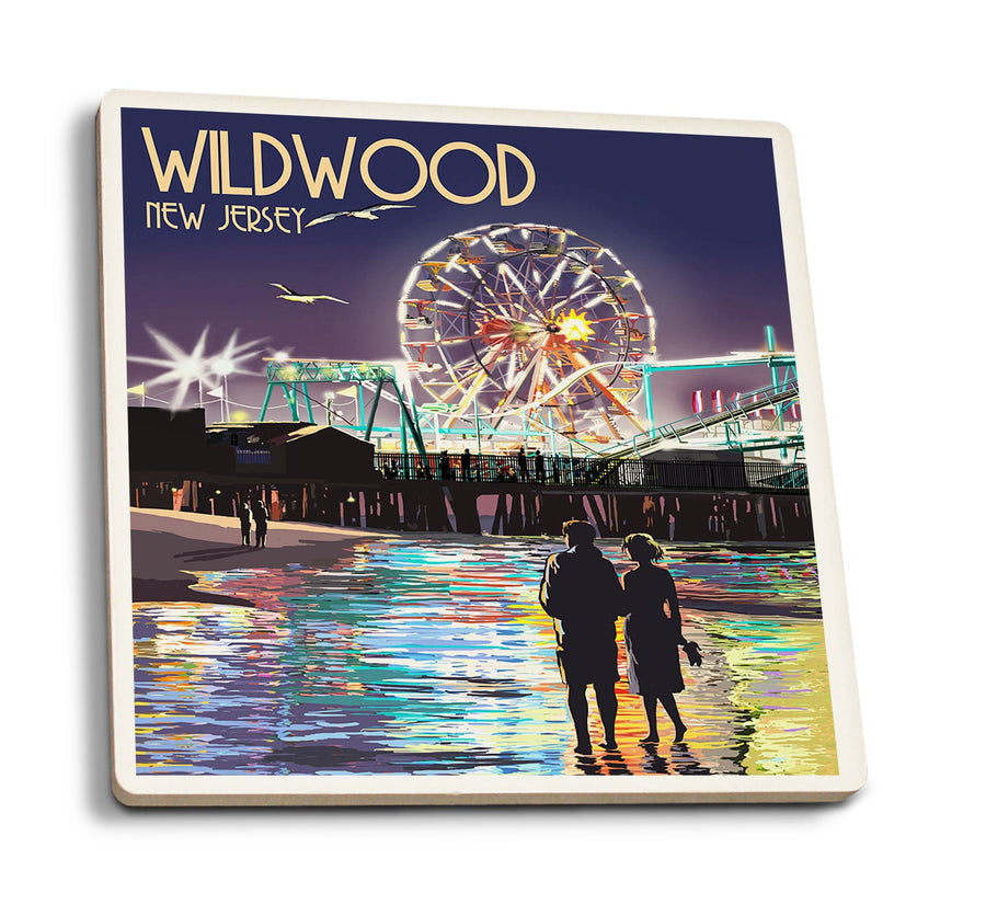 Coasters (Wildwood, New Jersey, Pier & Rides at Night, Lantern Press Artwork) Lifestyle-Coaster Lantern Press 