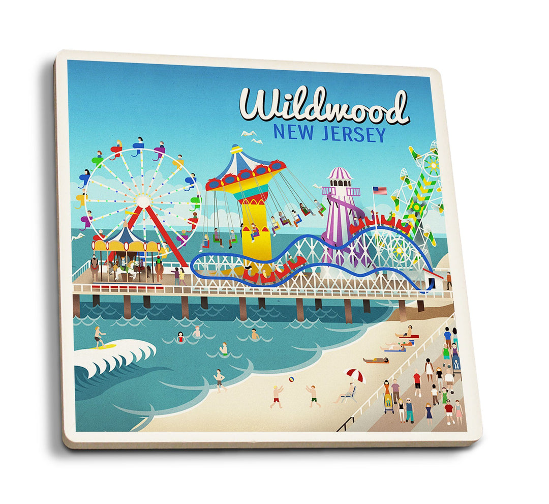 Coasters (Wildwood, New Jersey, Retro Beach Boardwalk, Lantern Press Artwork) Lifestyle-Coaster Lantern Press 