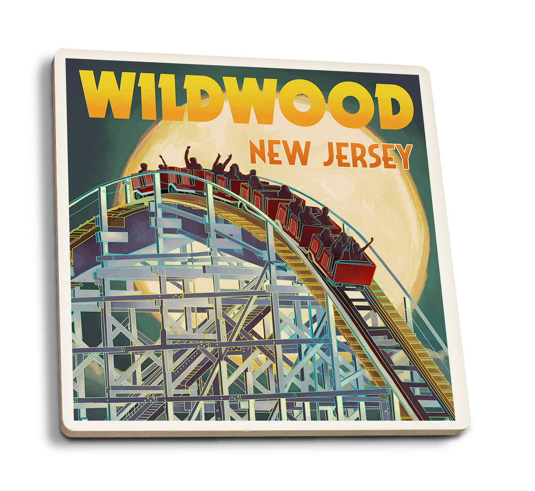 Coasters (Wildwood, New Jersey, Roller Coaster & Moon, Lantern Press Artwork) Lifestyle-Coaster Lantern Press 
