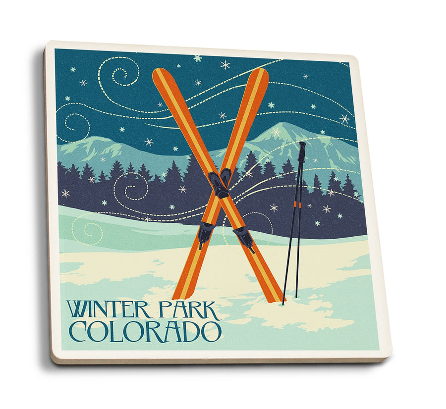 Coasters (Winter Park, Colorado, Crossed Skis, Letterpress, Lantern Press Artwork) Lifestyle-Coaster Lantern Press 