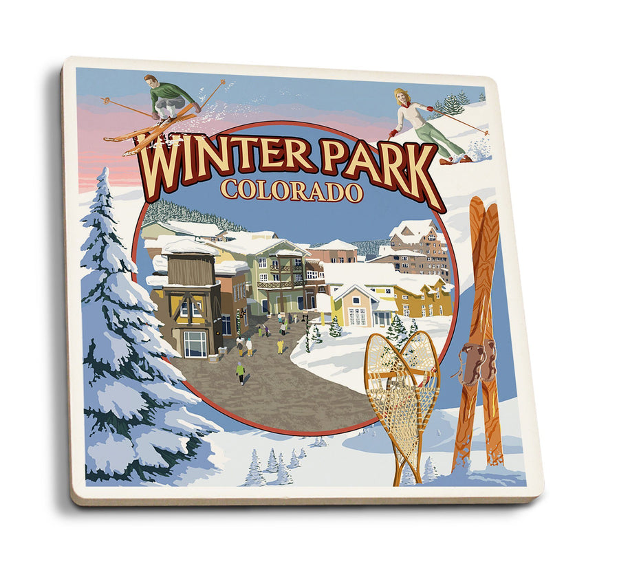 Coasters (Winter Park, Colorado, Montage, Lantern Press Artwork) Lifestyle-Coaster Lantern Press 
