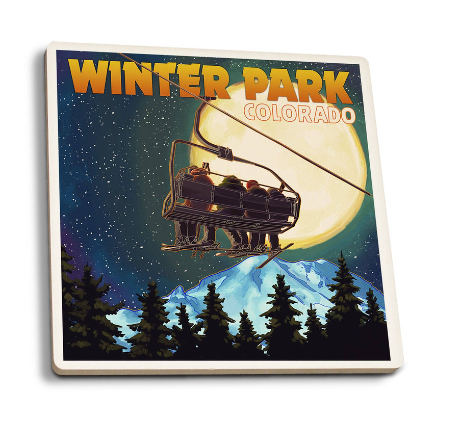 Coasters (Winter Park, Colorado, Ski Lift and Full Moon, Lantern Press Artwork) Lifestyle-Coaster Lantern Press 