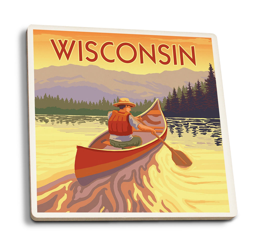 Coasters (Wisconsin, Canoe Scene, Lantern Press Artwork) Lifestyle-Coaster Lantern Press 