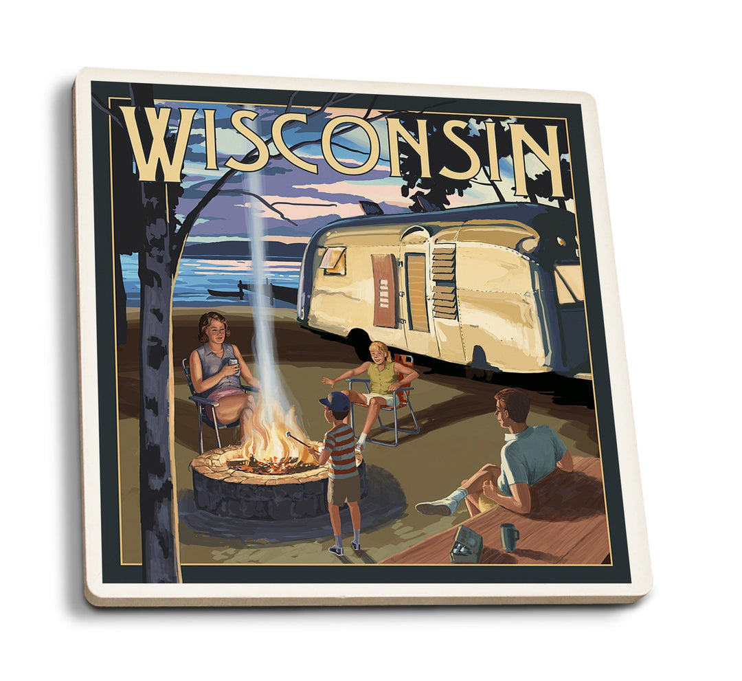 Coasters (Wisconsin, Retro Camper & Lake, Lantern Press Artwork) Lifestyle-Coaster Lantern Press 