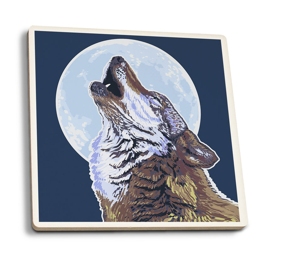 Coasters (Wolf Howling at Moon, Lantern Press Artwork) Lifestyle-Coaster Lantern Press 
