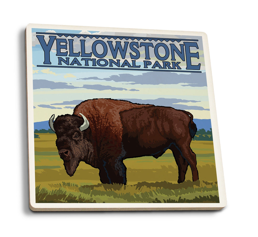 Coasters (Yellowstone National Park, Wyoming, Bison Scene, Lantern Press Artwork) Lifestyle-Coaster Lantern Press 