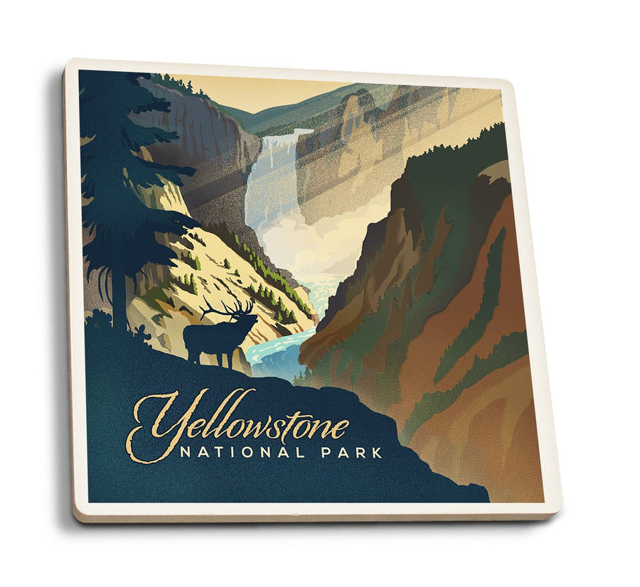Coasters (Yellowstone National Park, Yellowstone Falls, Lithograph, Lantern Press Artwork) Coasters Lantern Press 