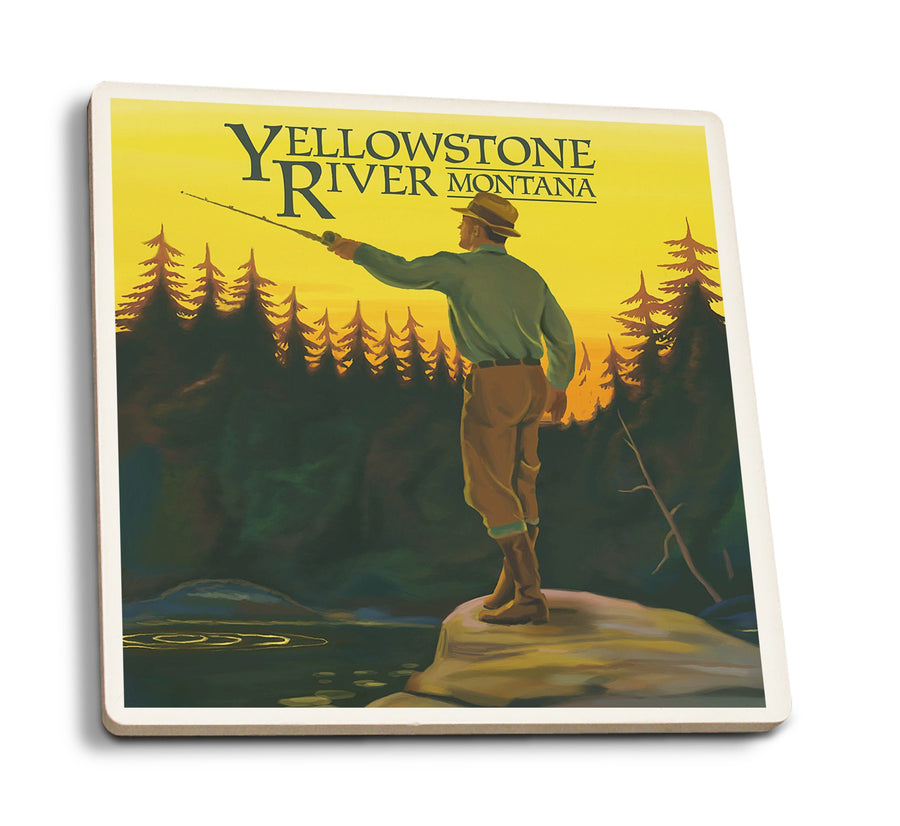 Coasters (Yellowstone River, Montana, Fly Fishing Scene, Lantern Press Artwork) Lifestyle-Coaster Lantern Press 