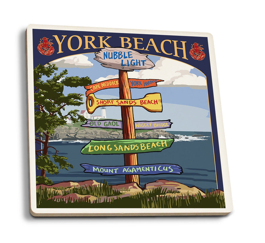 Coasters (York Beach, Maine, Destinations Sign, Lantern Press Artwork) Lifestyle-Coaster Lantern Press 