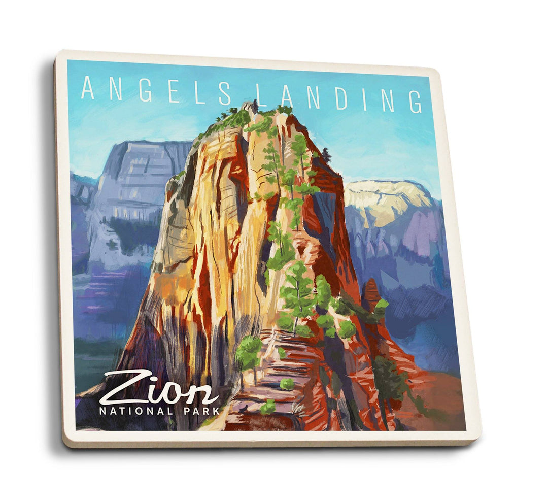 Coasters (Zion National Park, Utah, Angels Landing, Namedrop, Oil Painting, Lantern Press Artwork) Lifestyle-Coaster Lantern Press 