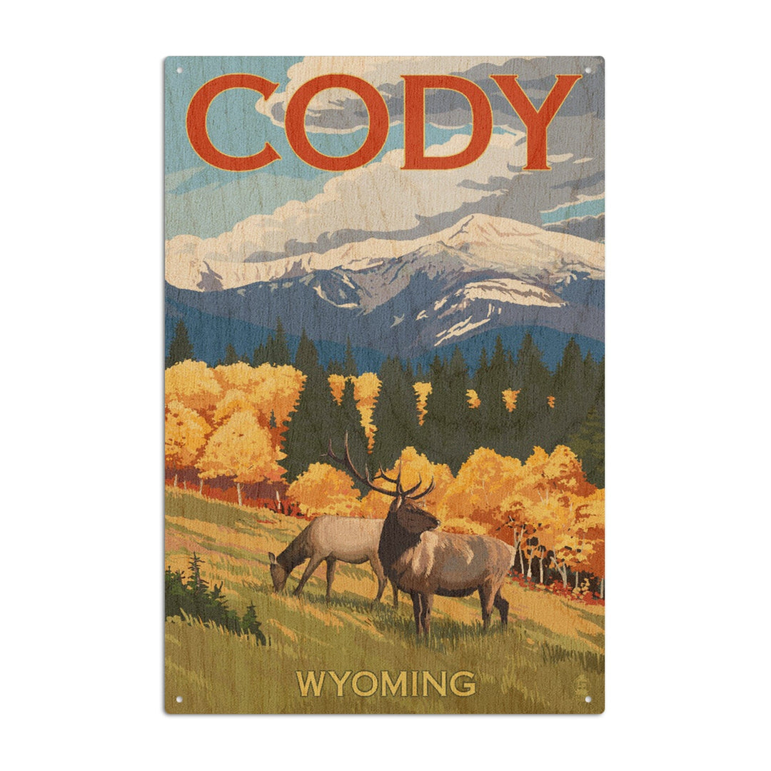 Cody, Wyoming, Elk & Mountains, Lantern Press Artwork, Wood Signs and Postcards Wood Lantern Press 10 x 15 Wood Sign 
