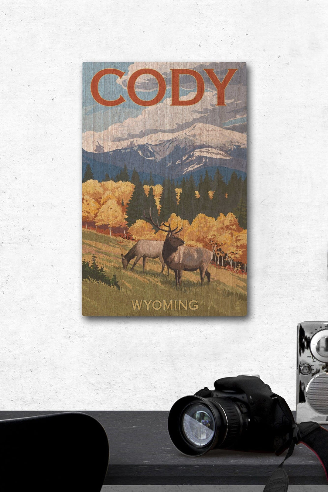 Cody, Wyoming, Elk & Mountains, Lantern Press Artwork, Wood Signs and Postcards Wood Lantern Press 12 x 18 Wood Gallery Print 