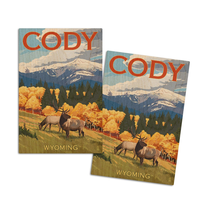 Cody, Wyoming, Elk & Mountains, Lantern Press Artwork, Wood Signs and Postcards Wood Lantern Press 4x6 Wood Postcard Set 