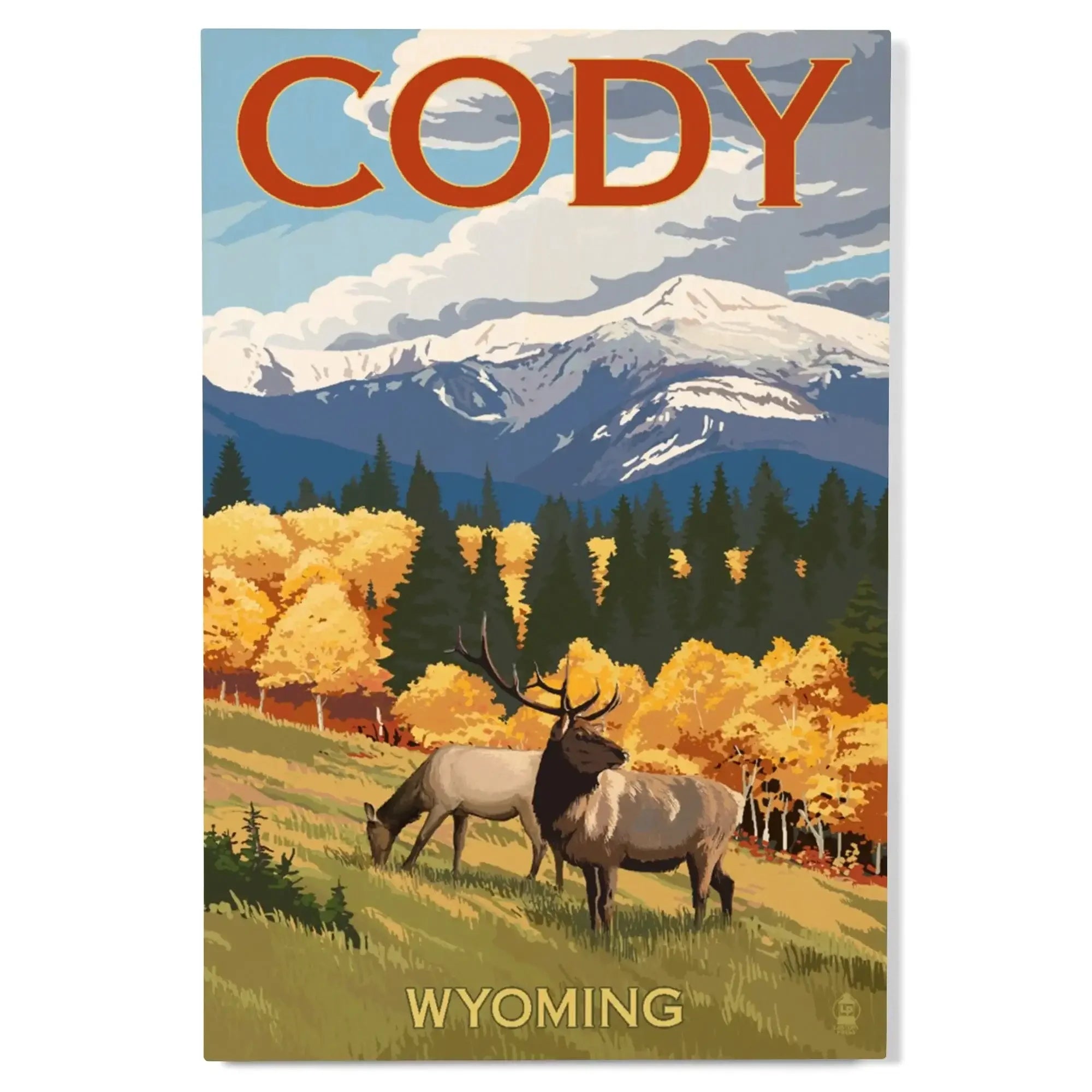 Cody, Wyoming, Elk & Mountains, Lantern Press Artwork, Wood Signs and