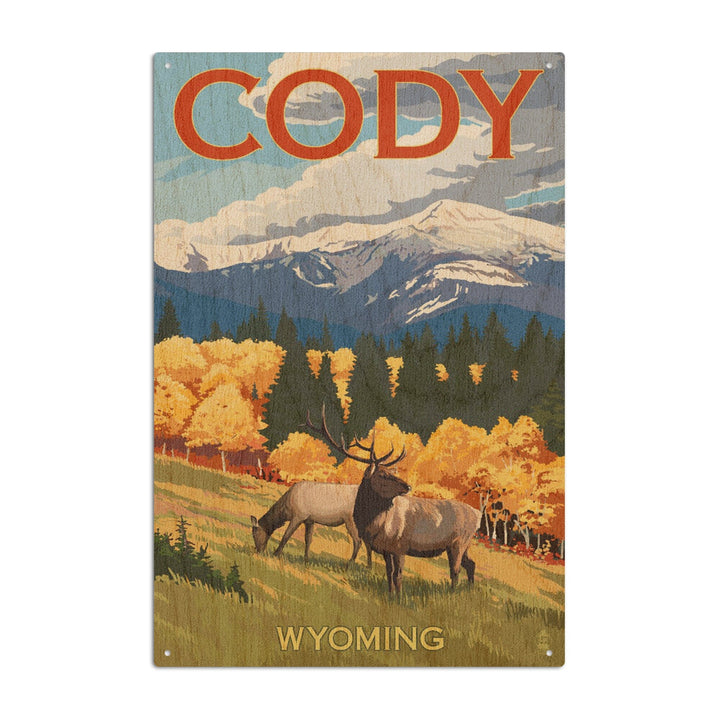 Cody, Wyoming, Elk & Mountains, Lantern Press Artwork, Wood Signs and Postcards Wood Lantern Press 6x9 Wood Sign 