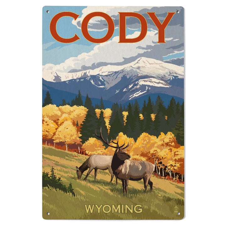 Cody, Wyoming, Elk & Mountains, Lantern Press Artwork, Wood Signs and Postcards Wood Lantern Press 