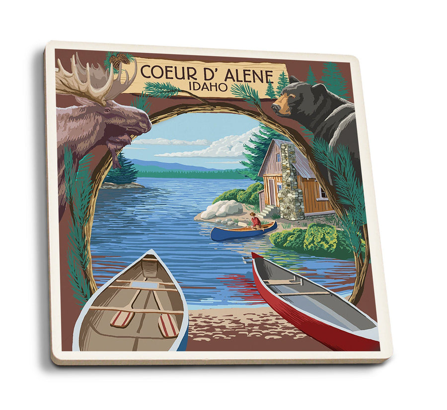 Coeur D'Alene, Idaho, Cabin on the Lake, Montage, Lantern Press Artwork, Coaster Set Coasters Lantern Press 