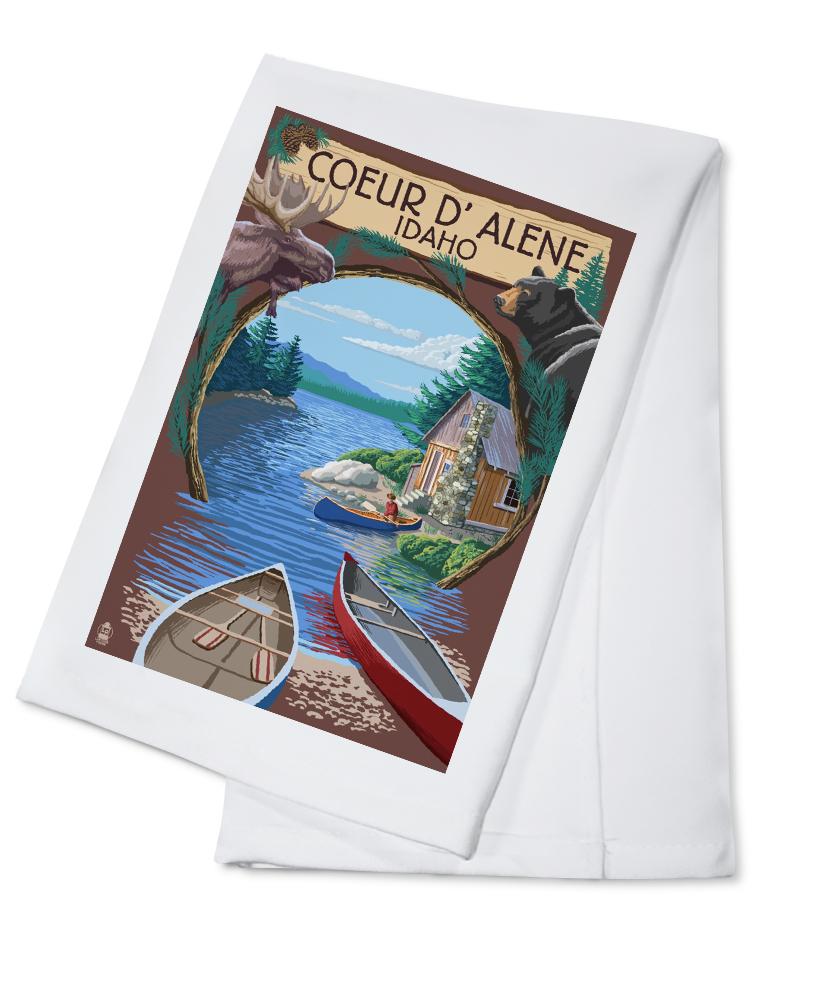 Coeur D'Alene, Idaho, Cabin on the Lake, Montage, Lantern Press Artwork, Towels and Aprons Kitchen Lantern Press Cotton Towel 