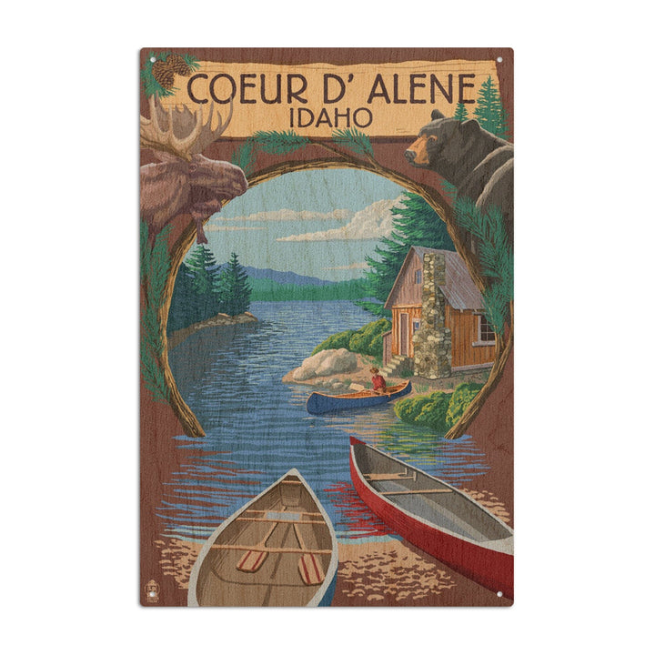 Coeur D'Alene, Idaho, Cabin on the Lake, Montage, Lantern Press Artwork, Wood Signs and Postcards Wood Lantern Press 10 x 15 Wood Sign 
