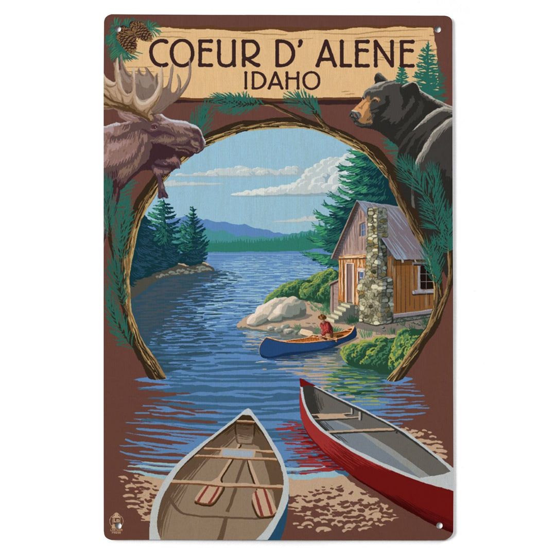 Coeur D'Alene, Idaho, Cabin on the Lake, Montage, Lantern Press Artwork, Wood Signs and Postcards Wood Lantern Press 