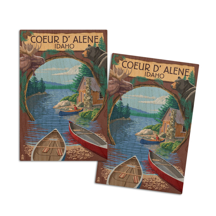 Coeur D'Alene, Idaho, Cabin on the Lake, Montage, Lantern Press Artwork, Wood Signs and Postcards Wood Lantern Press 4x6 Wood Postcard Set 