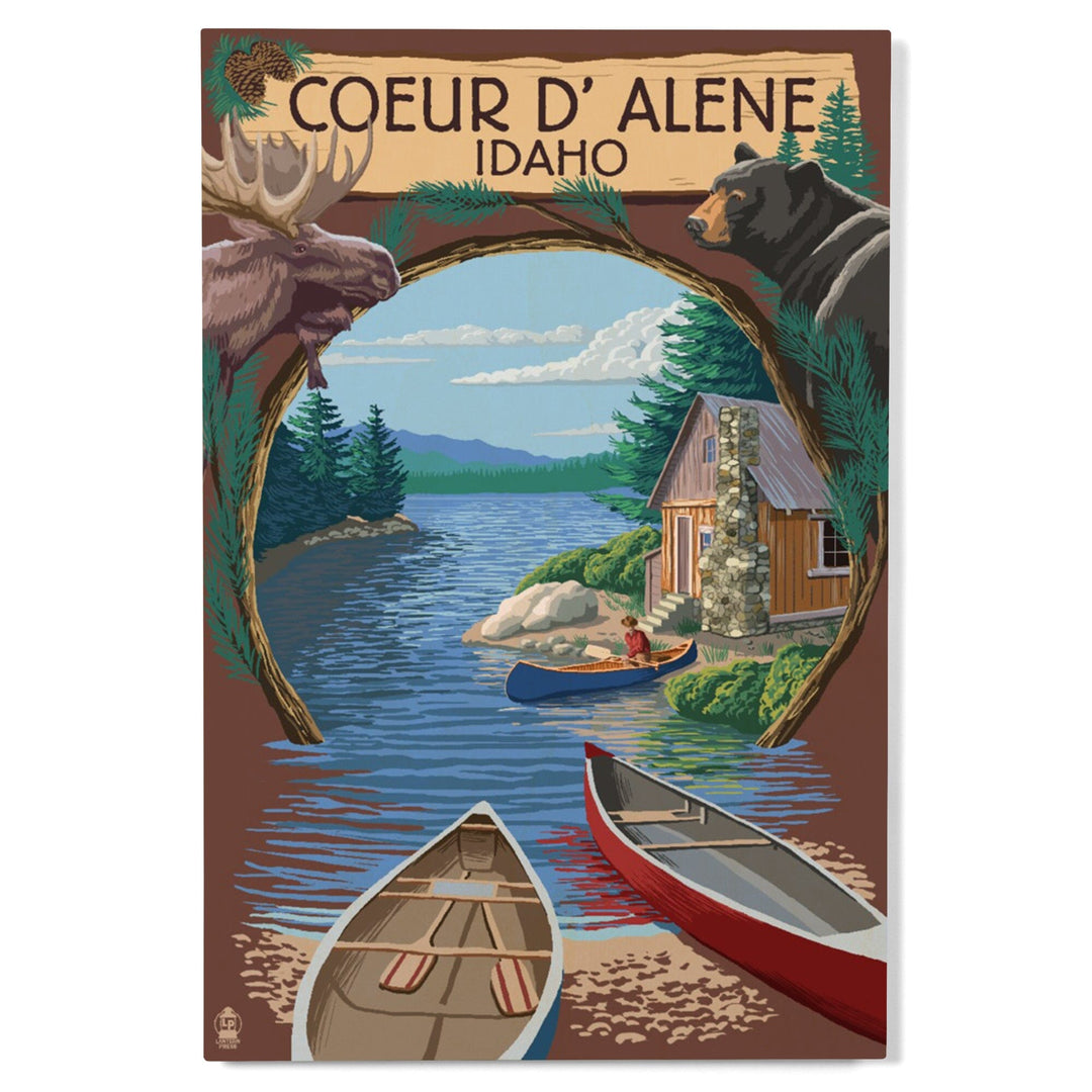 Coeur D'Alene, Idaho, Cabin on the Lake, Montage, Lantern Press Artwork, Wood Signs and Postcards Wood Lantern Press 